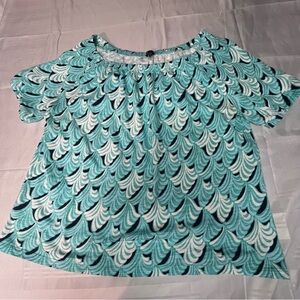 Talbots Women's Teal & White Patterned Top 1X Round Neck Summer Vacation Breezy